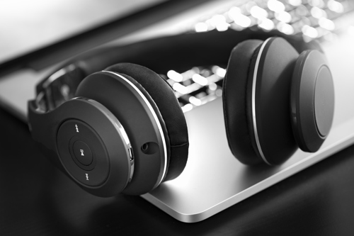 black and white image of headphones