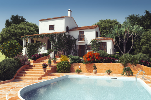 back of the holiday home with a swimming pool